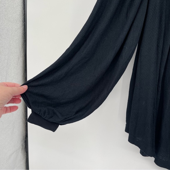 Free People Devin Black Balloon Sleeve Henley Oversized Textured Knit Top - Picture 7 of 13